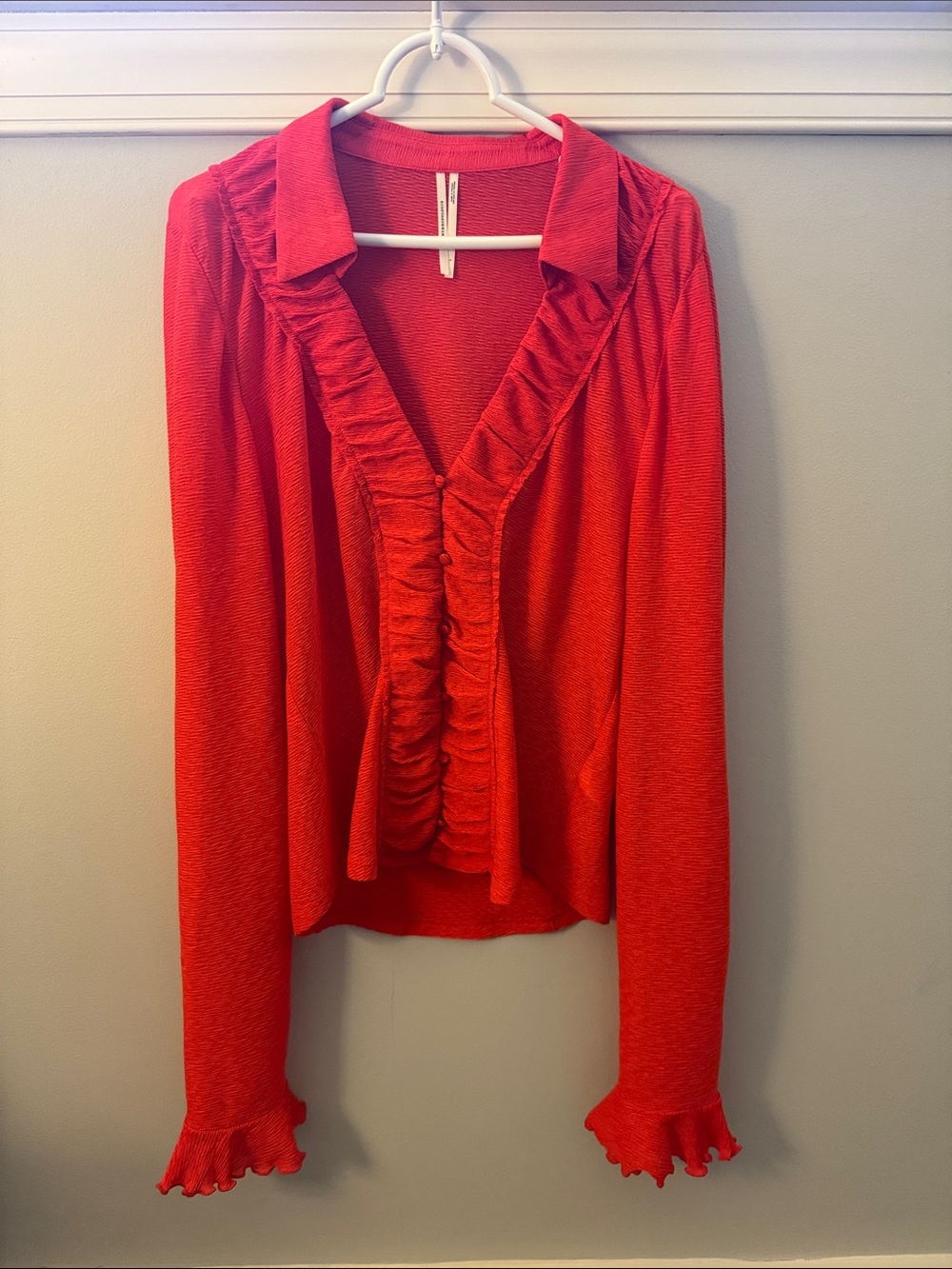 Ruffle-Front V-Neck Blouse in Bright Redish/Orange